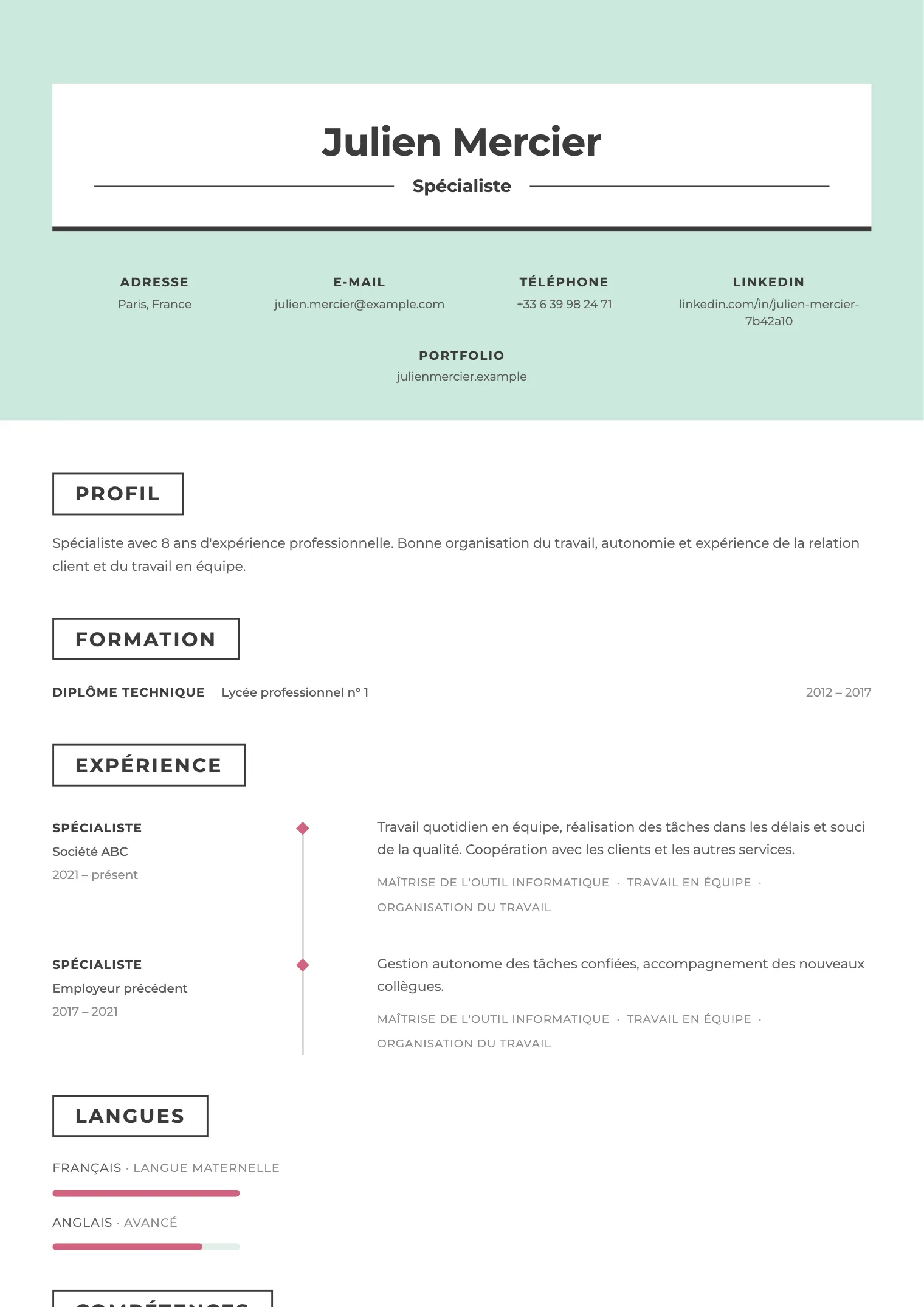 Modèle de CV Mint, aperçu du document fini