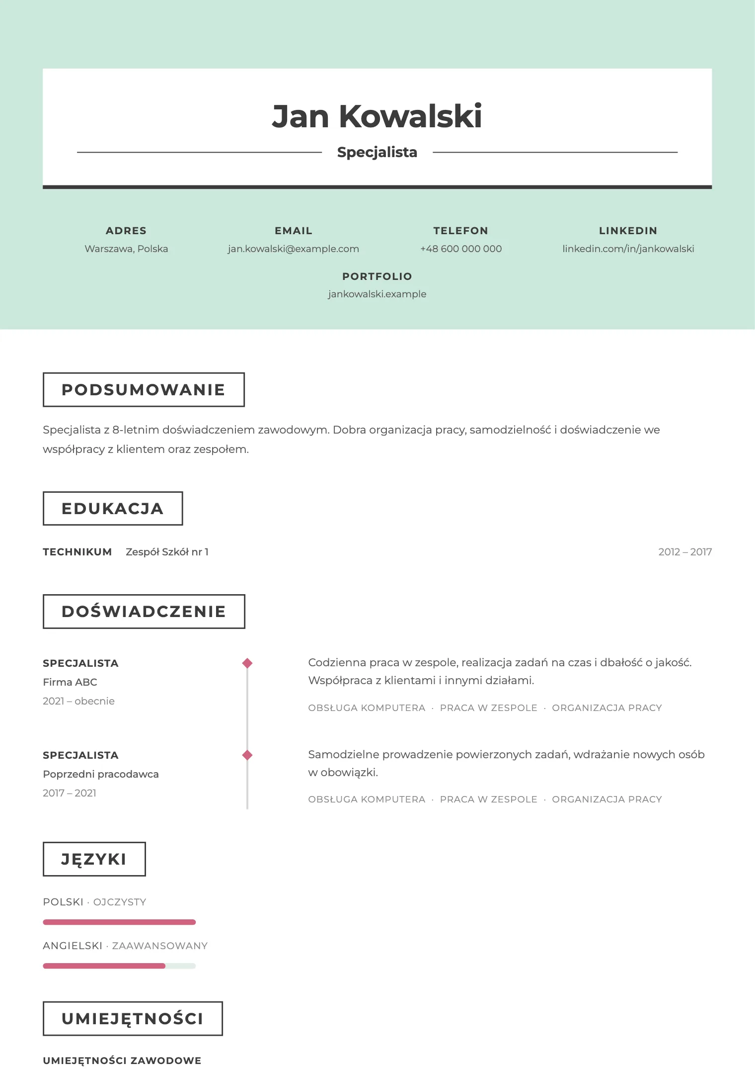 Wzór CV Mint, podgląd gotowego dokumentu