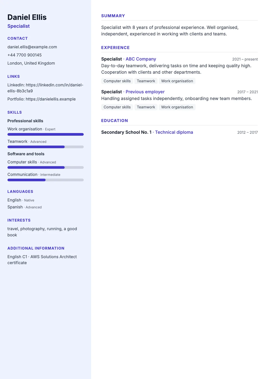 Modern CV template, preview of the finished document