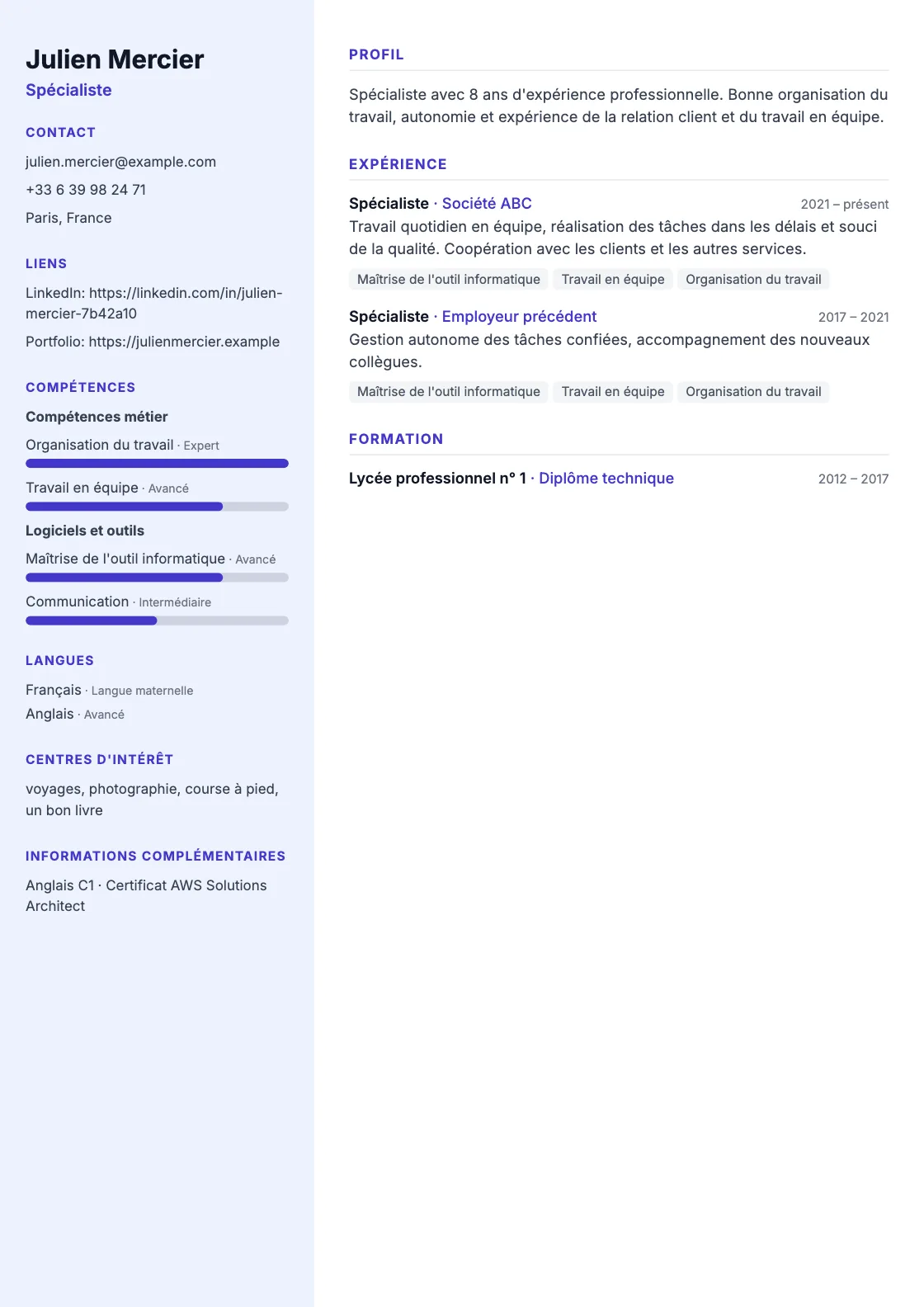 Modèle de CV Modern, aperçu du document fini