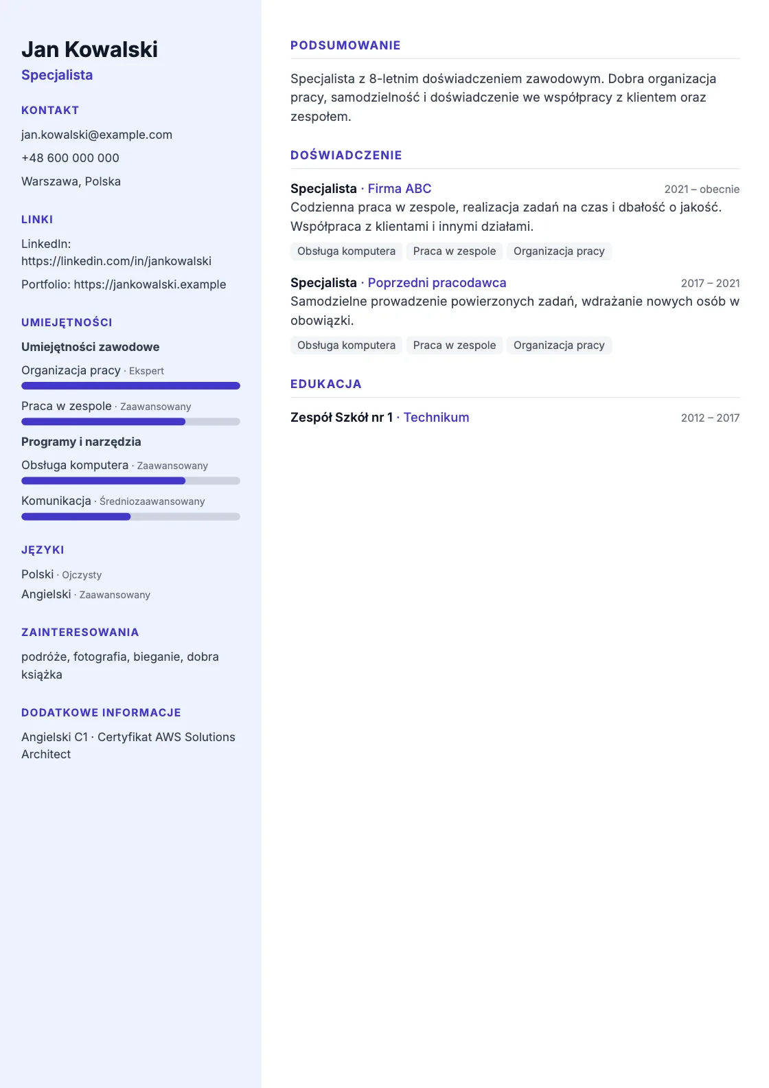 Wzór CV Modern, podgląd gotowego dokumentu