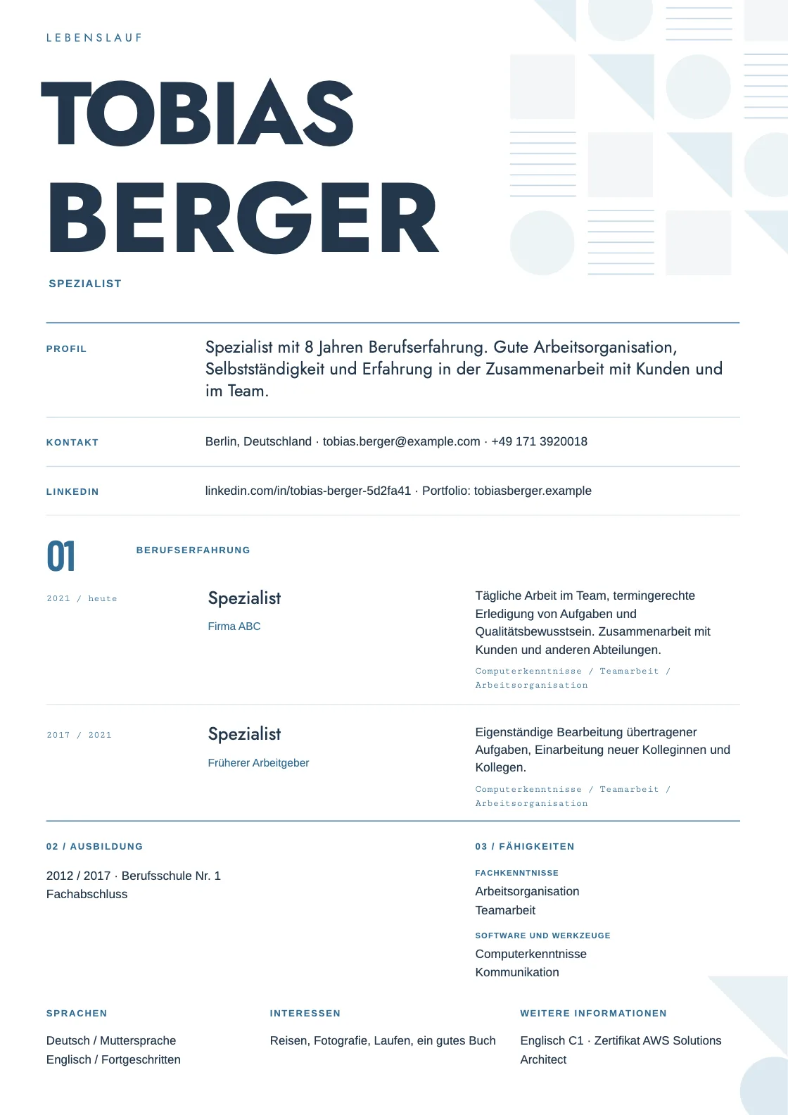 Lebenslauf Vorlage Module, Vorschau des fertigen Dokuments