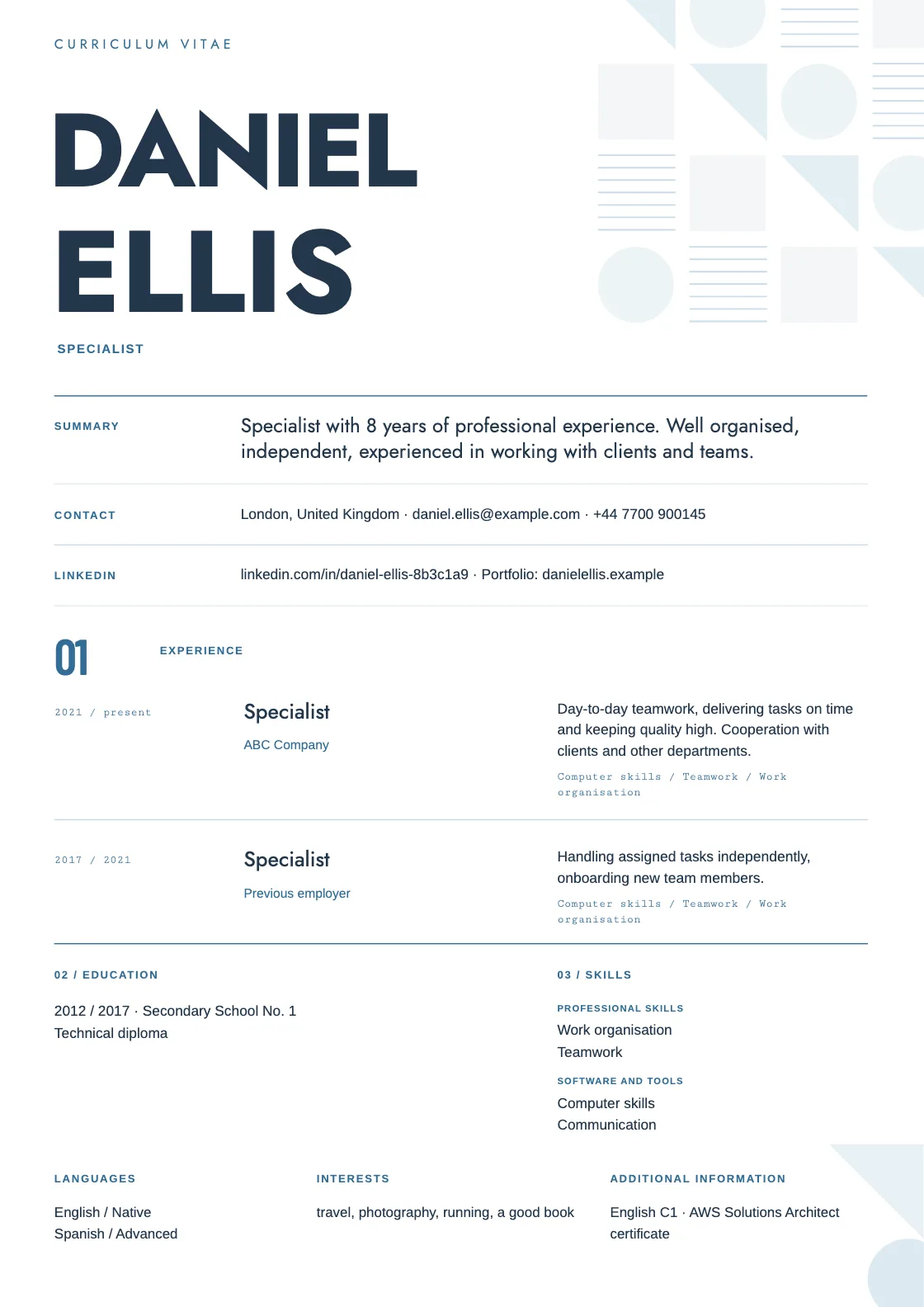 Module CV template, preview of the finished document
