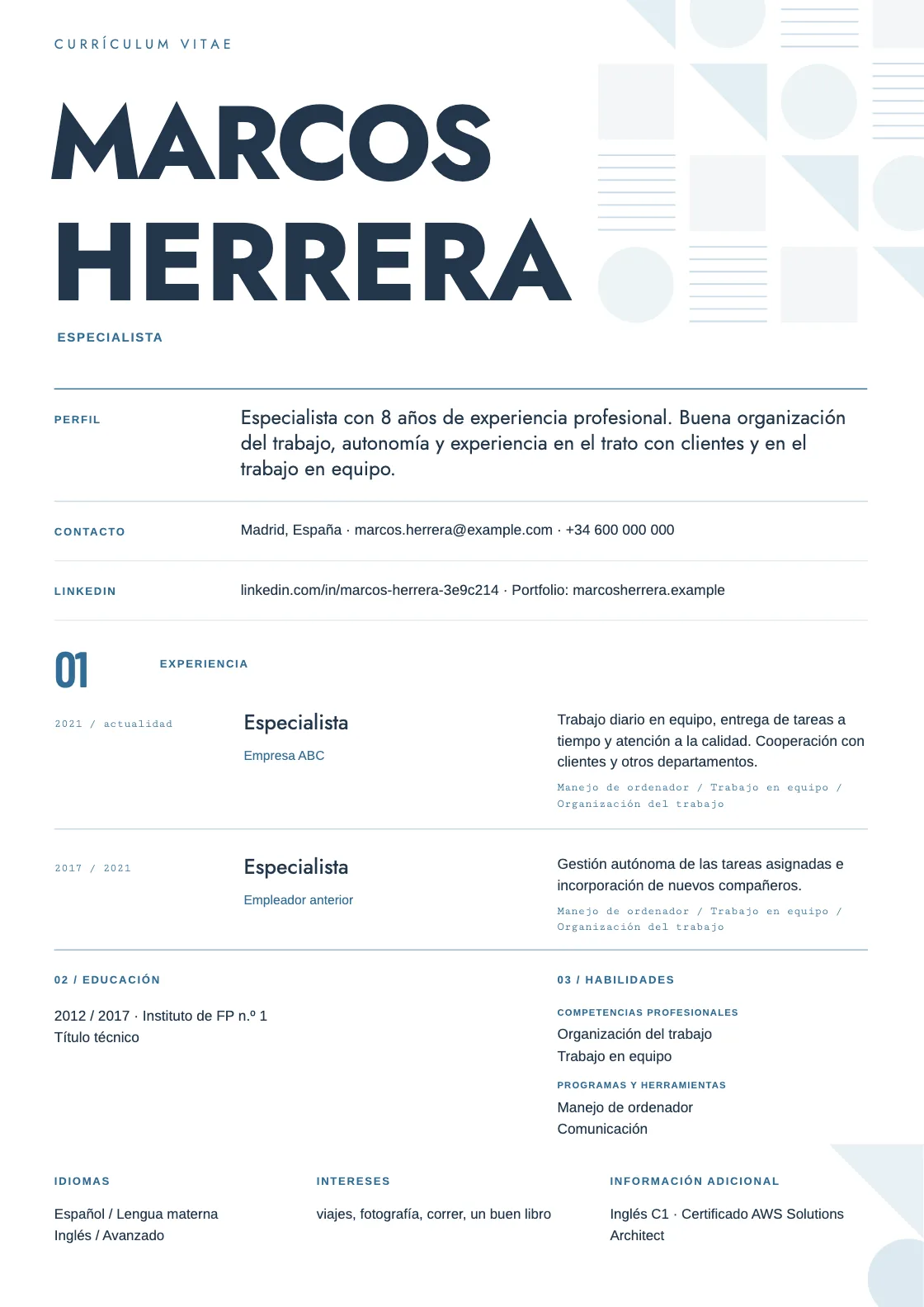 Plantilla de CV Module, vista previa del documento terminado