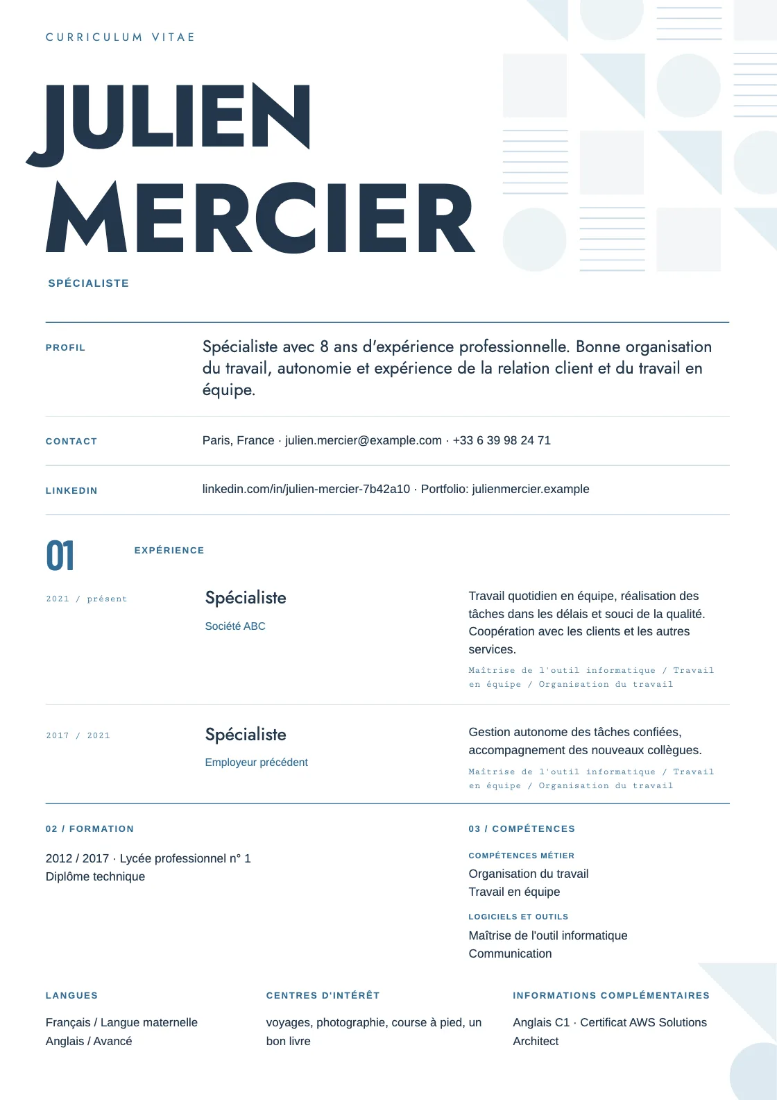 Modèle de CV Module, aperçu du document fini