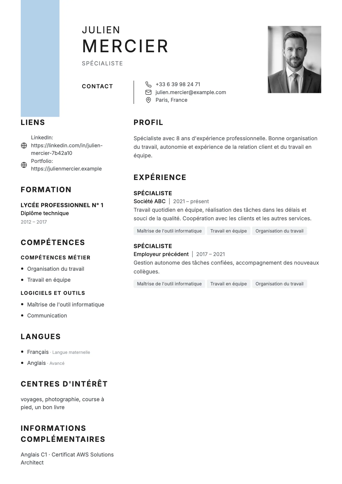 Modèle de CV Mono, aperçu du document fini