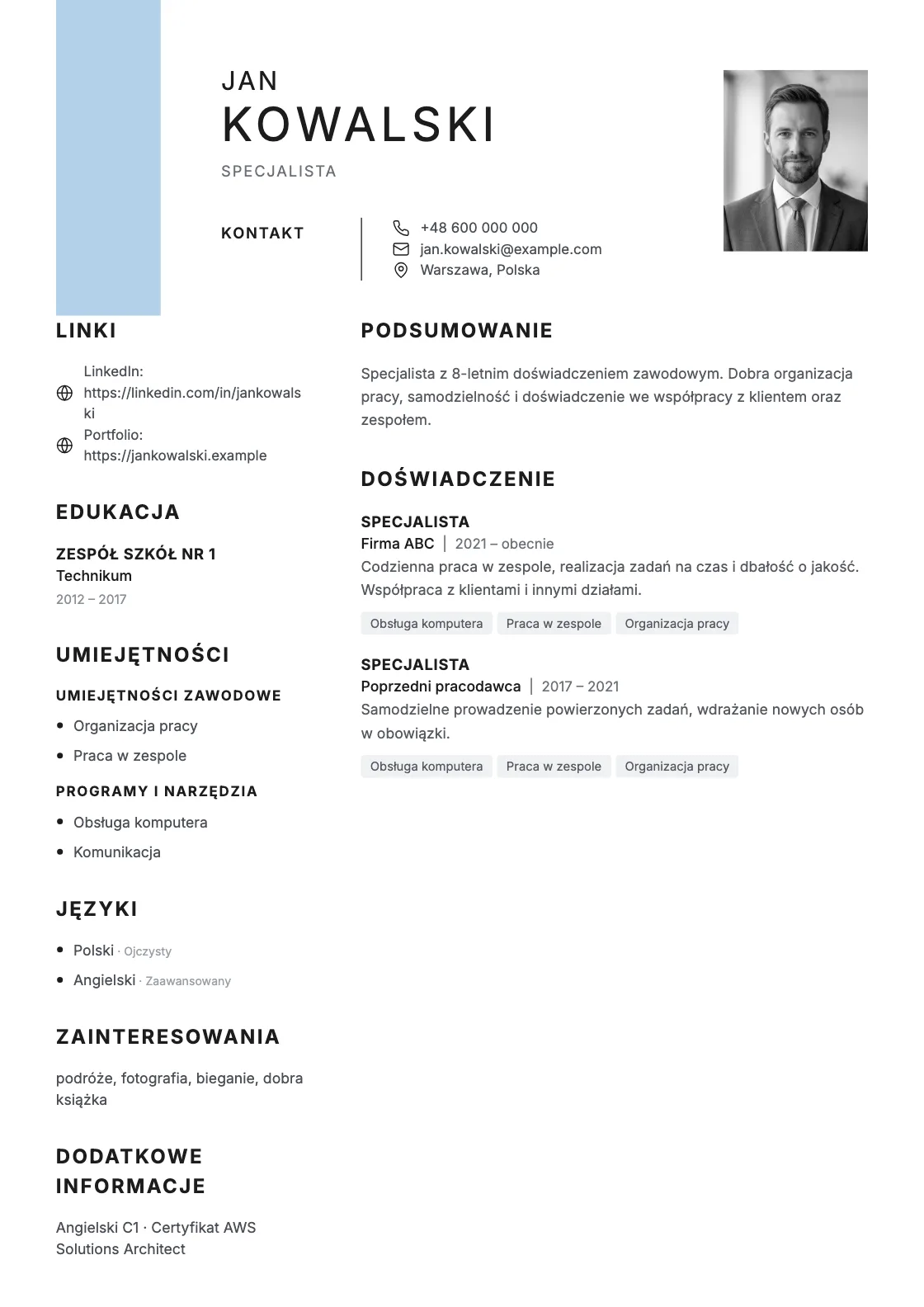 Wzór CV Mono, podgląd gotowego dokumentu