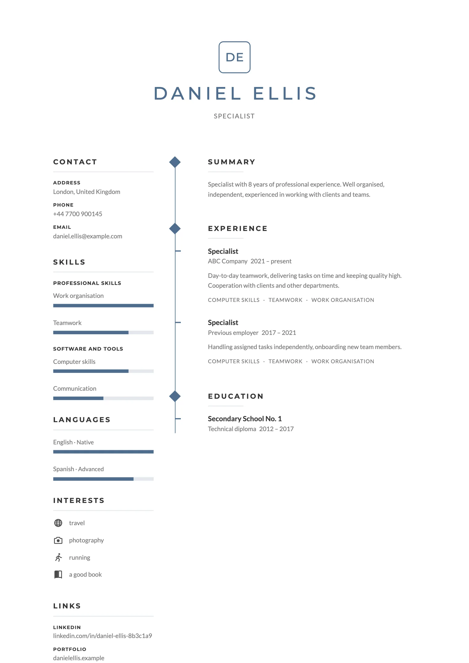 Monogram CV template, preview of the finished document