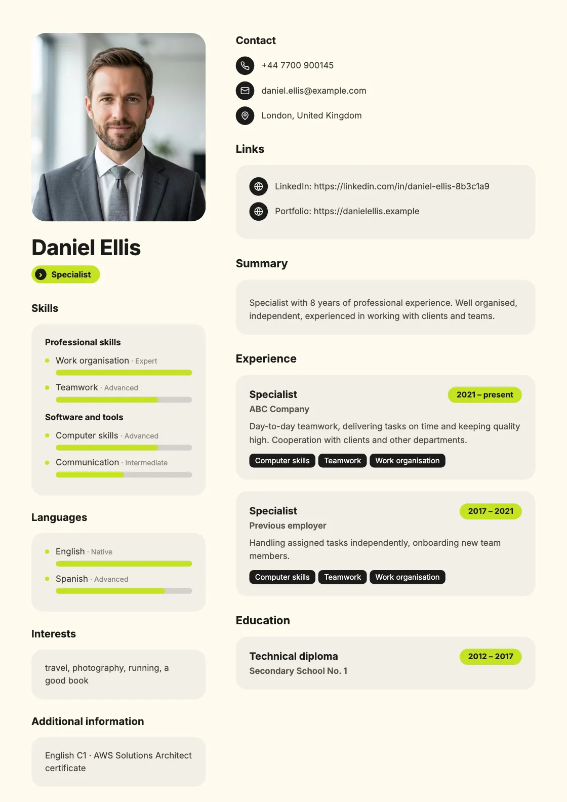 Neon CV template, preview of the finished document