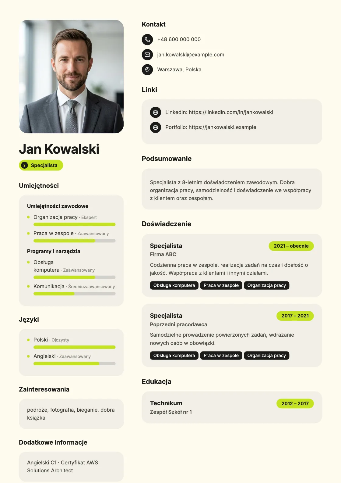 Wzór CV Neon, podgląd gotowego dokumentu