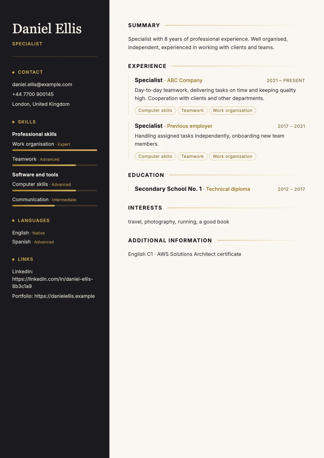 Onyx CV template, preview of the finished document
