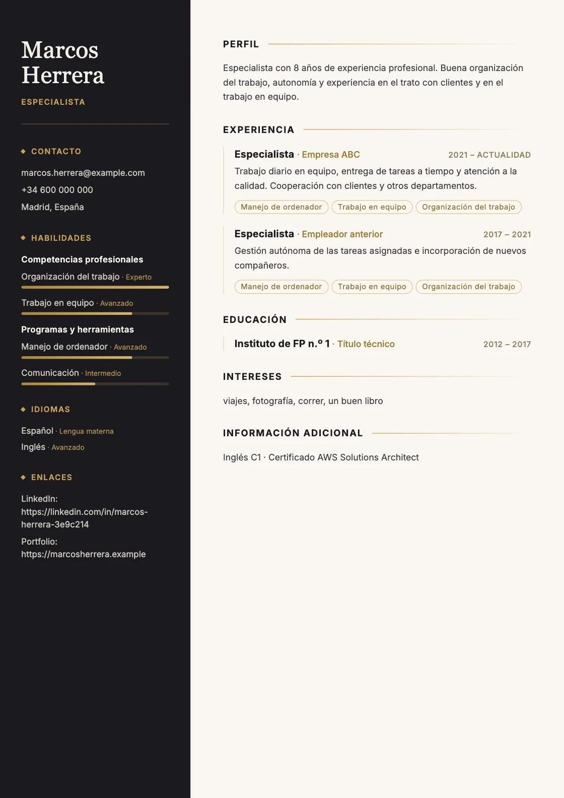 Plantilla de CV Onyx, vista previa del documento terminado