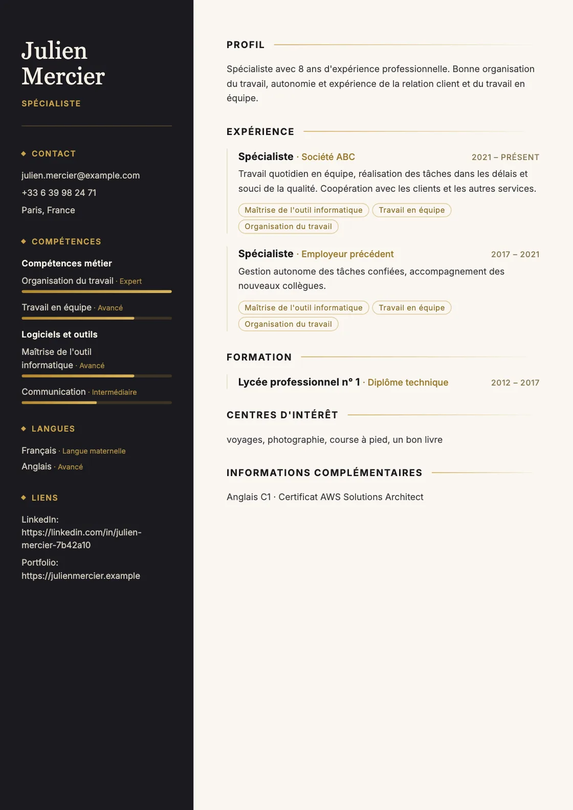 Modèle de CV Onyx, aperçu du document fini