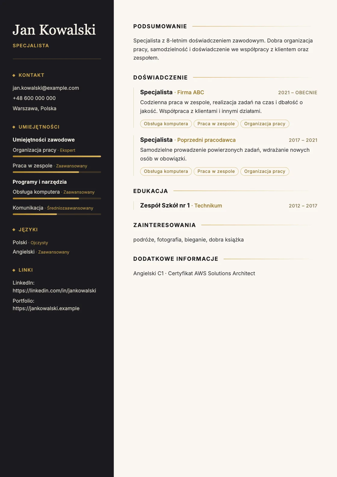 Wzór CV Onyx, podgląd gotowego dokumentu