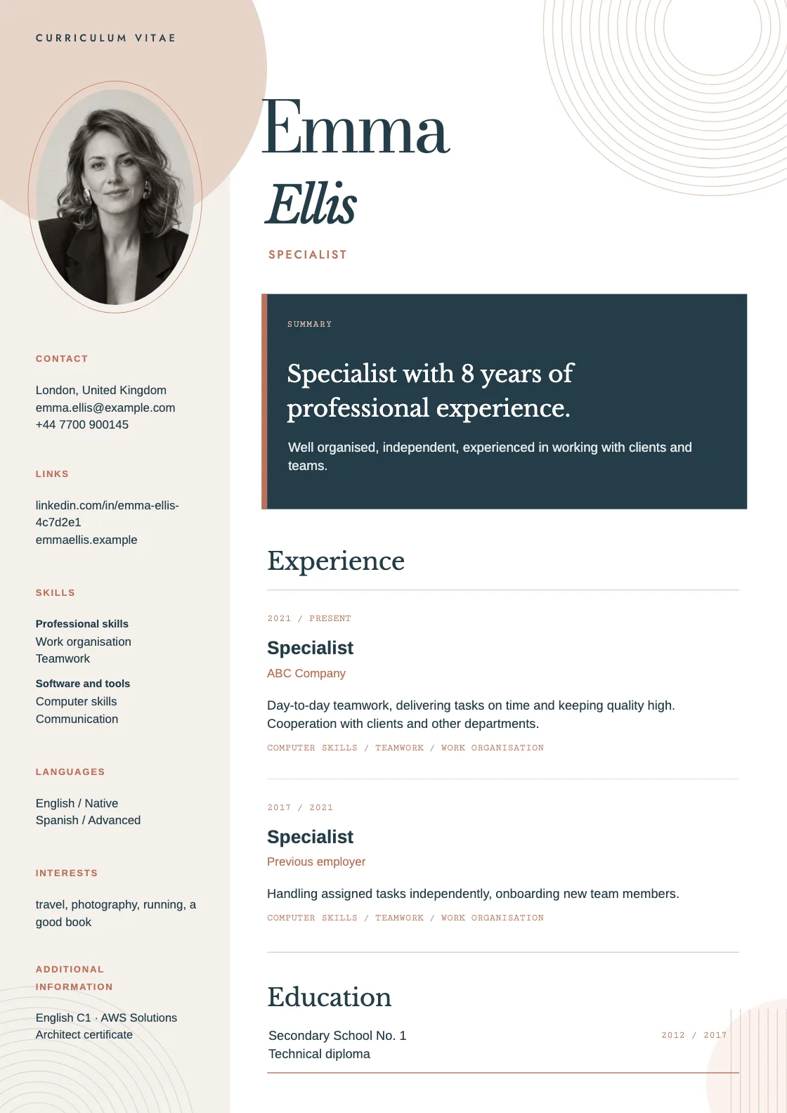 Orbit CV template, preview of the finished document
