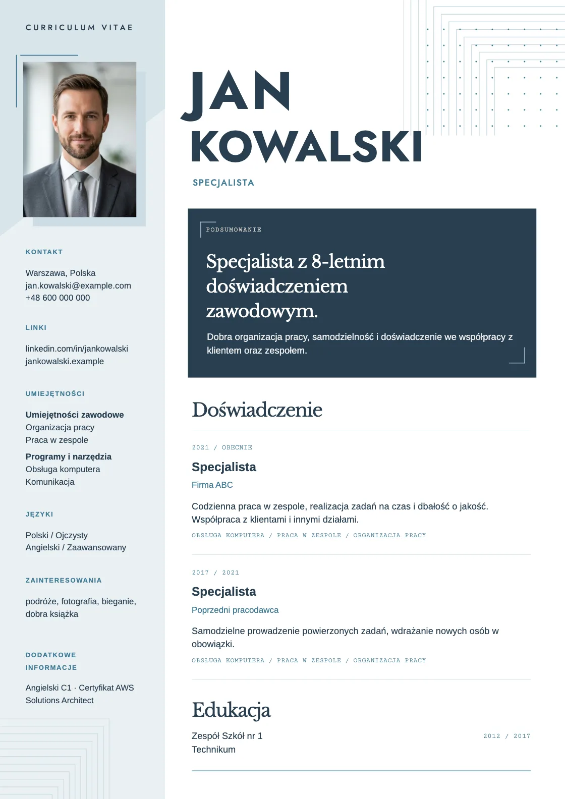 Wzór CV Outline, podgląd gotowego dokumentu