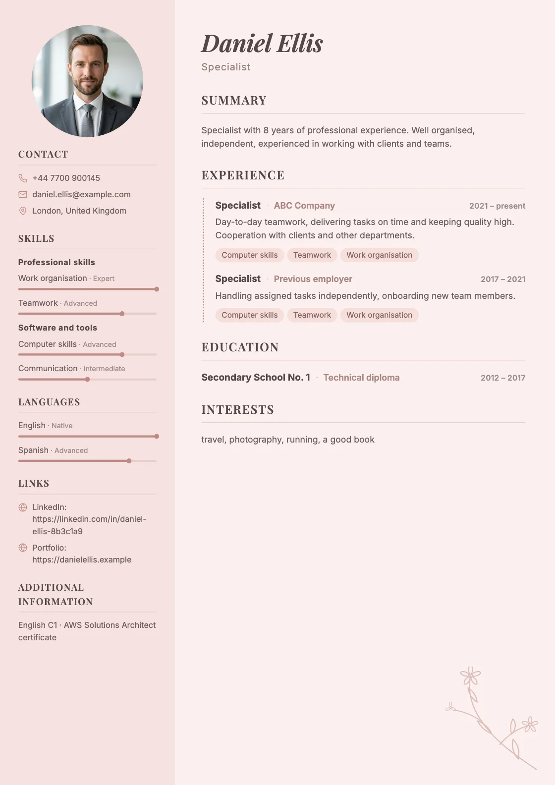 Modern Pastel CV template, preview of the finished document