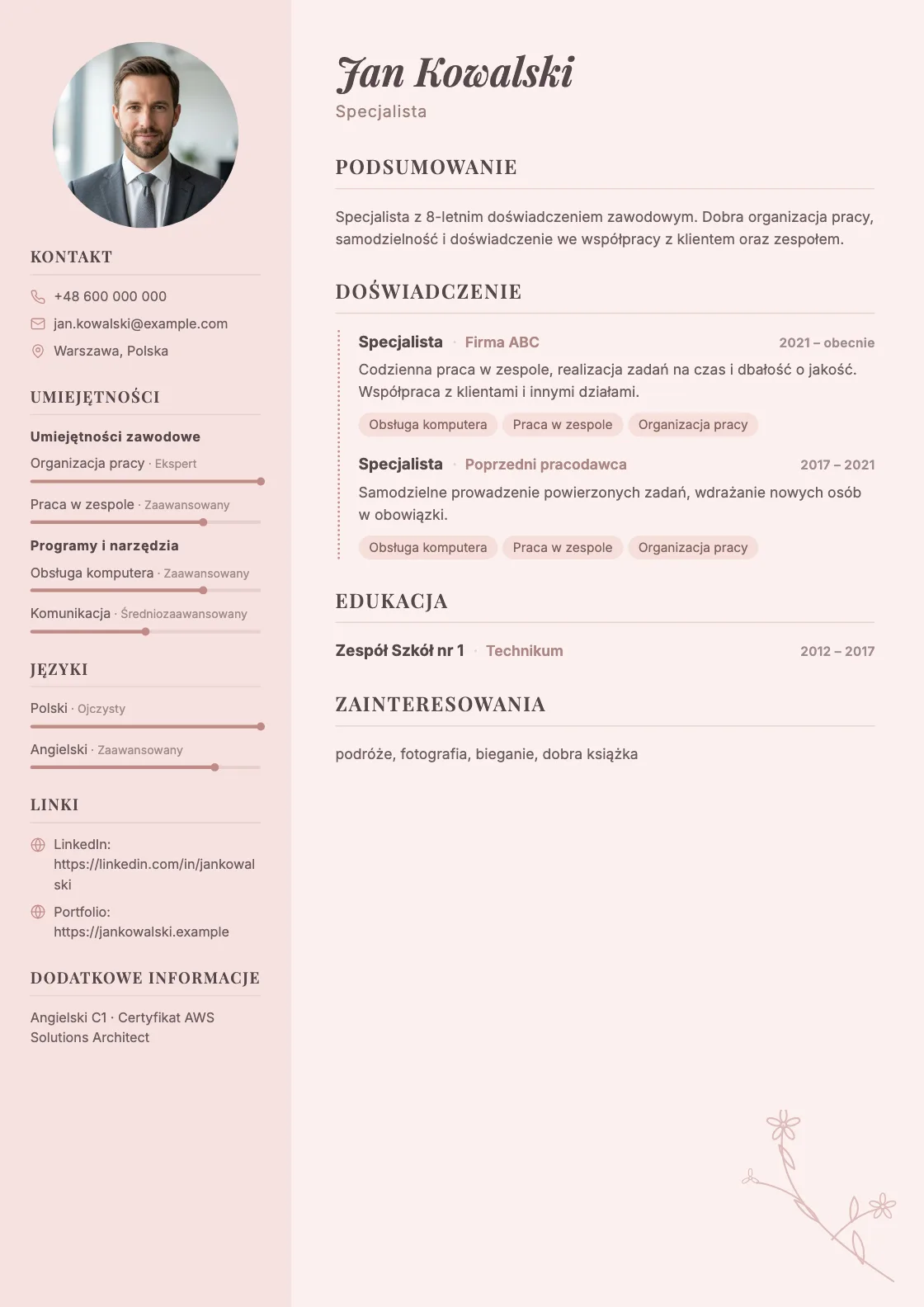 Wzór CV Modern Pastel, podgląd gotowego dokumentu