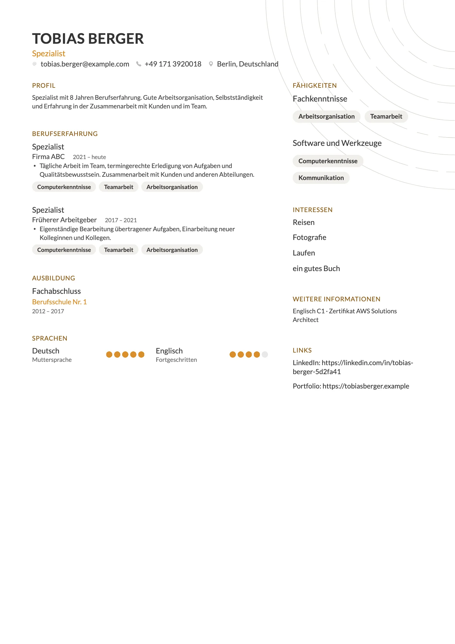 Lebenslauf Vorlage Prism, Vorschau des fertigen Dokuments