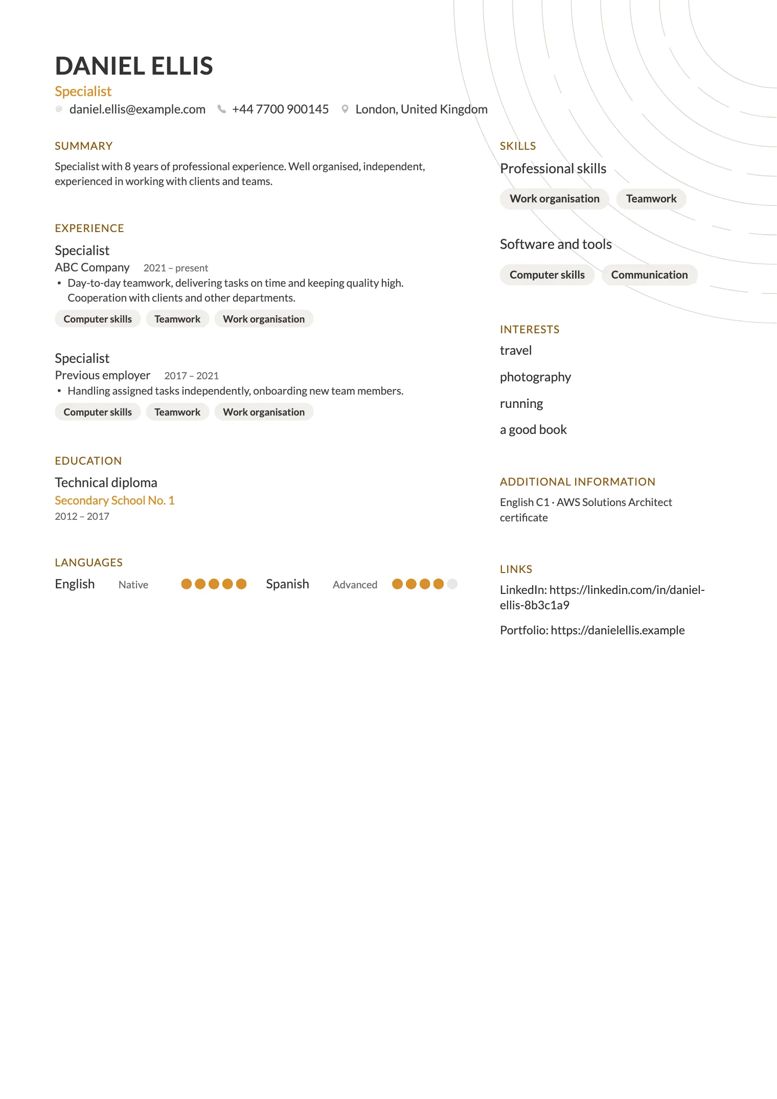 Prism CV template, preview of the finished document