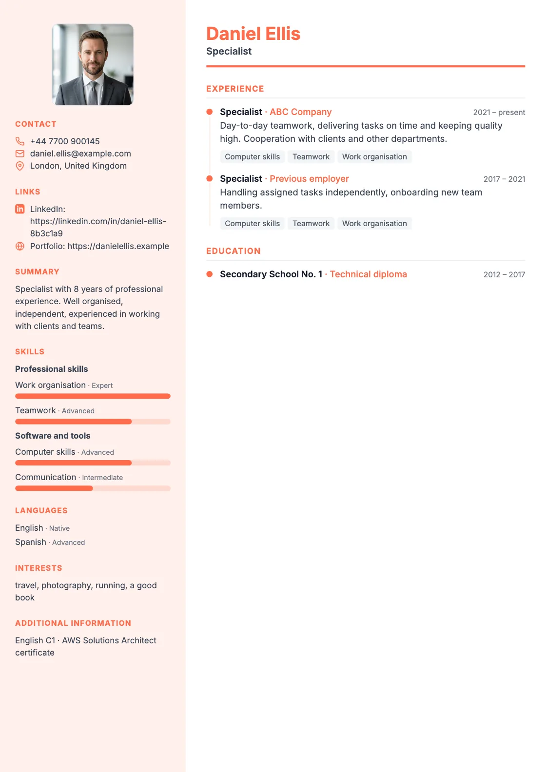 Premium CV template, preview of the finished document