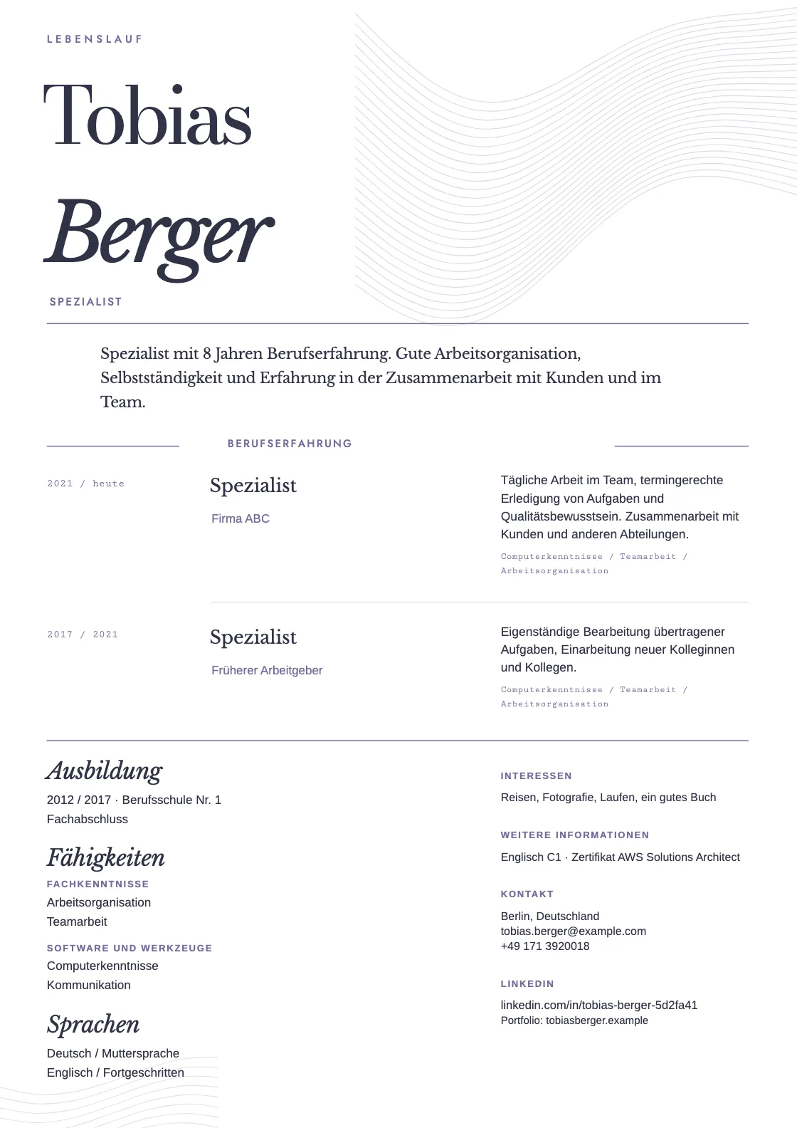 Lebenslauf Vorlage Resonance, Vorschau des fertigen Dokuments