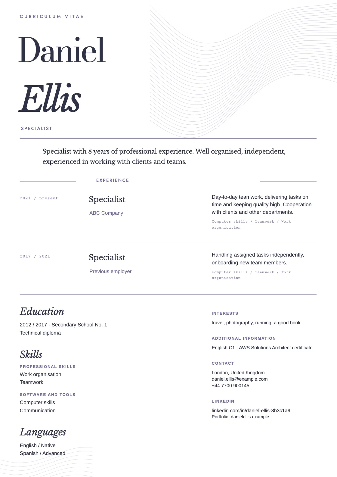 Resonance CV template, preview of the finished document