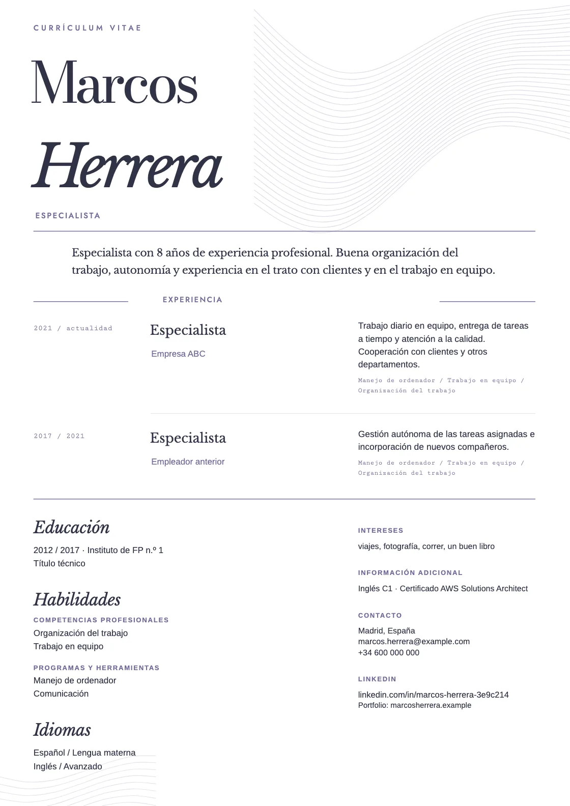Plantilla de CV Resonance, vista previa del documento terminado