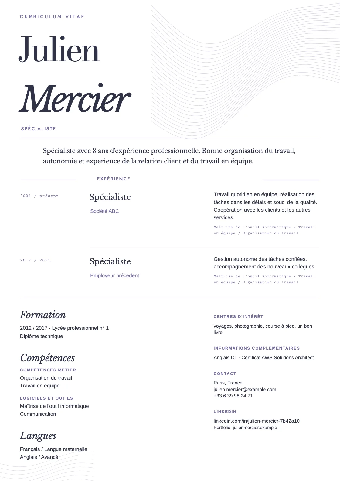 Modèle de CV Resonance, aperçu du document fini