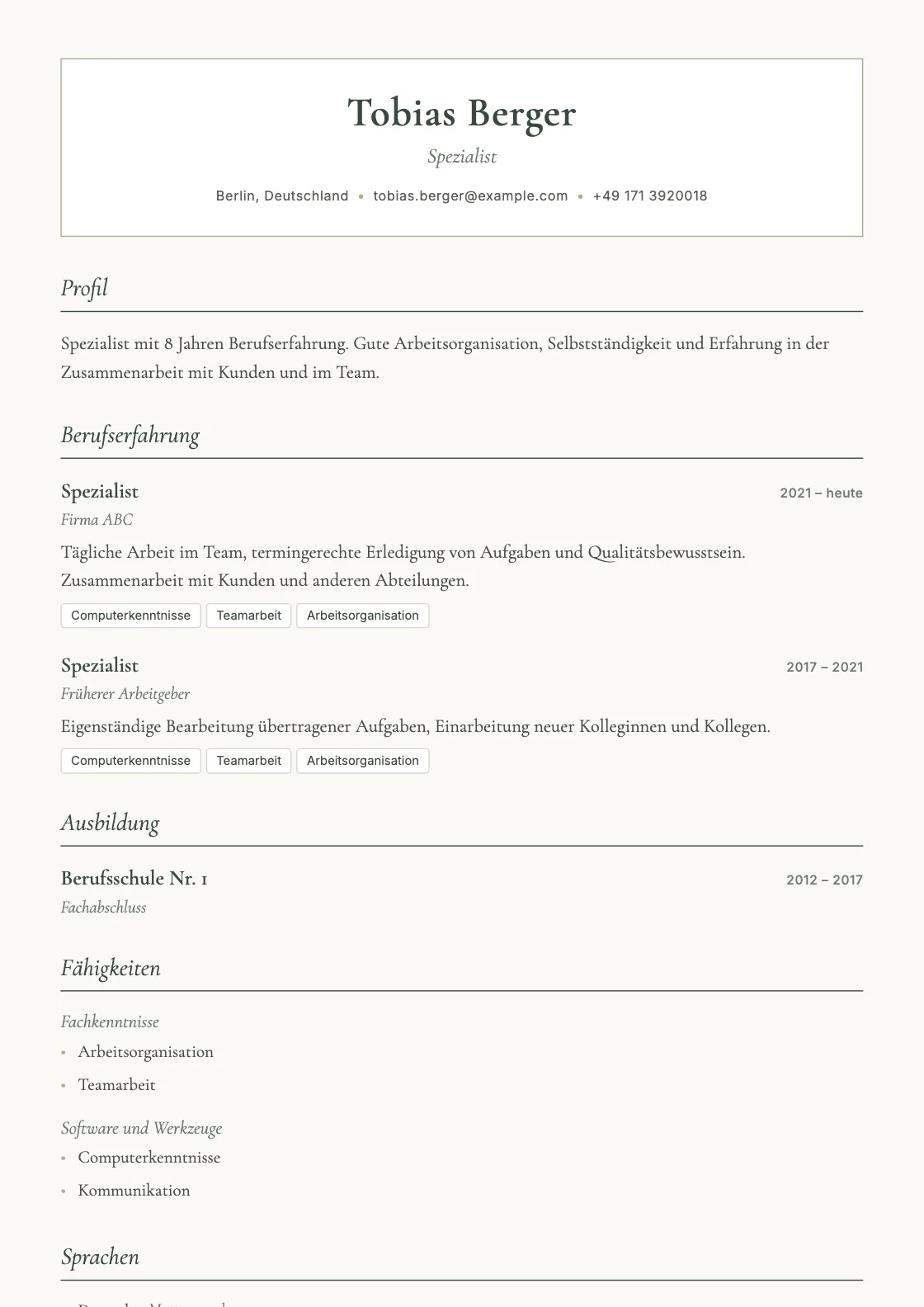 Lebenslauf Vorlage Sage, Vorschau des fertigen Dokuments