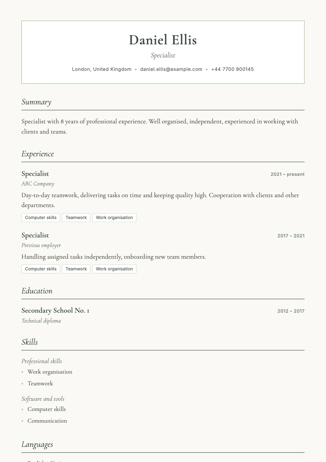 Sage CV template, preview of the finished document