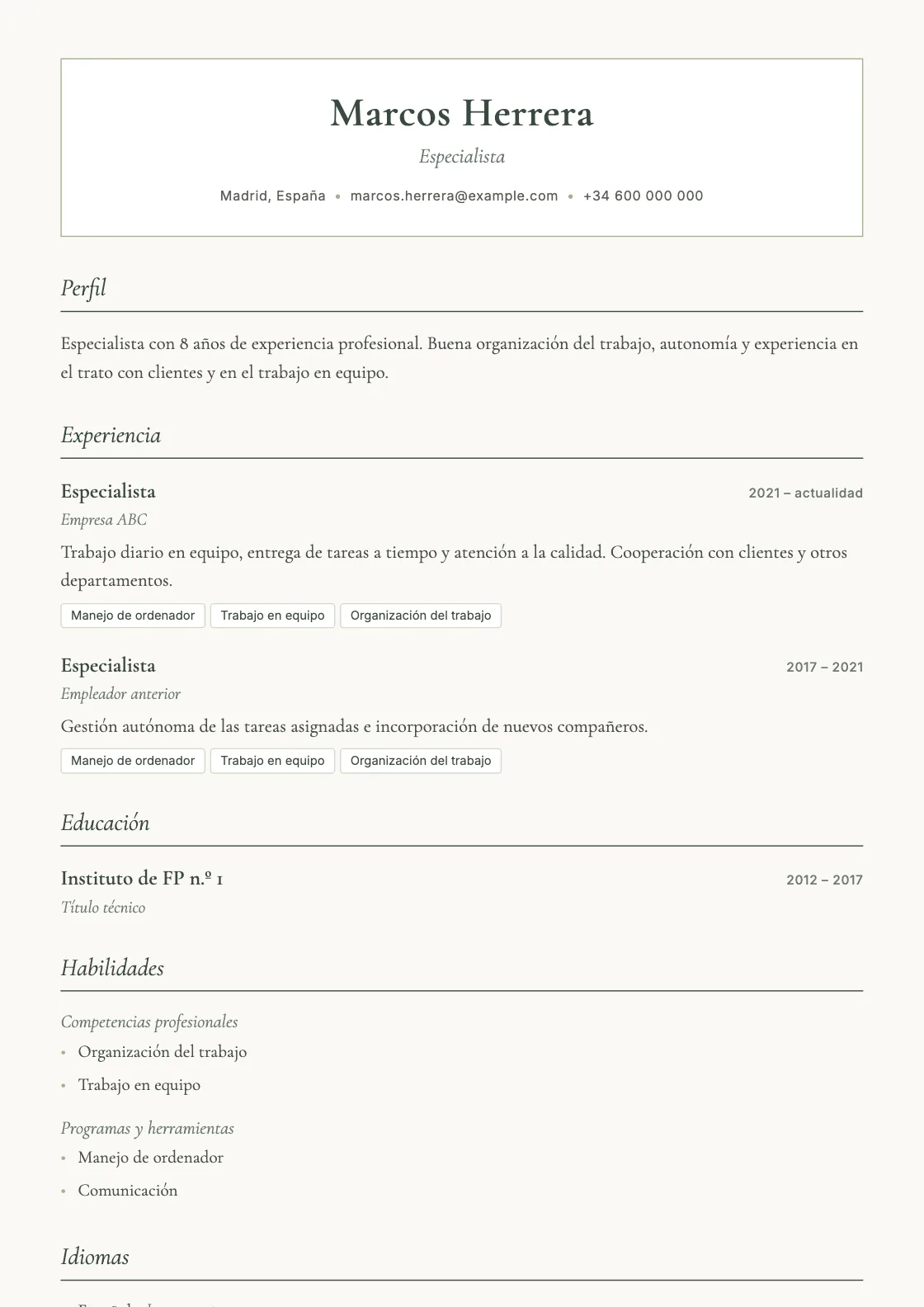Plantilla de CV Sage, vista previa del documento terminado