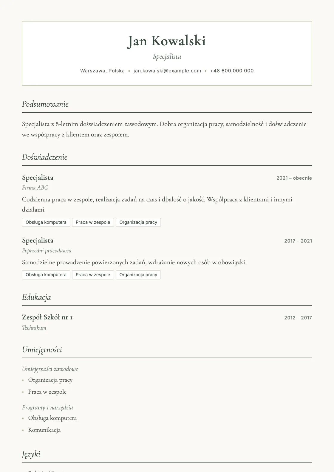 Wzór CV Sage, podgląd gotowego dokumentu