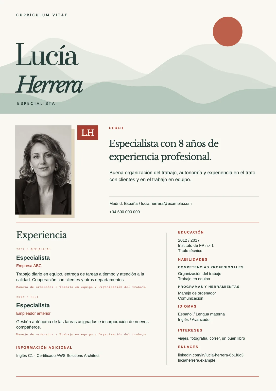 Plantilla de CV Shan, vista previa del documento terminado