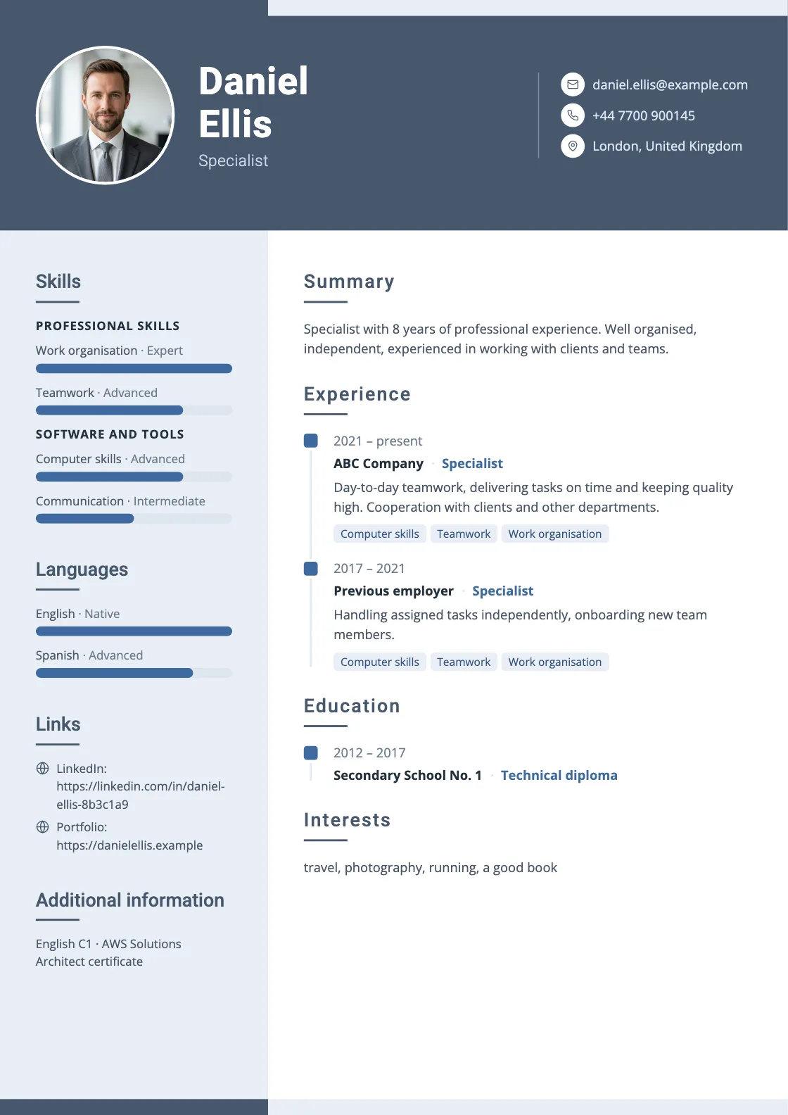 Slate CV template, preview of the finished document