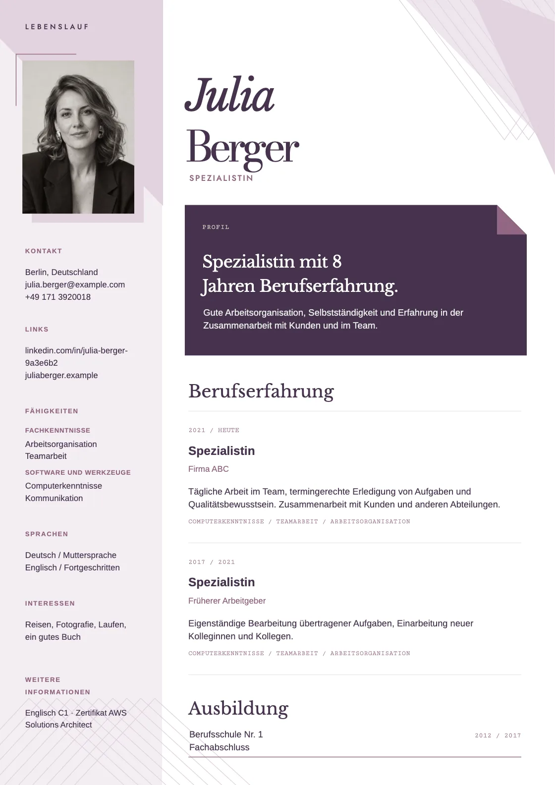 Lebenslauf Vorlage Spectrum, Vorschau des fertigen Dokuments