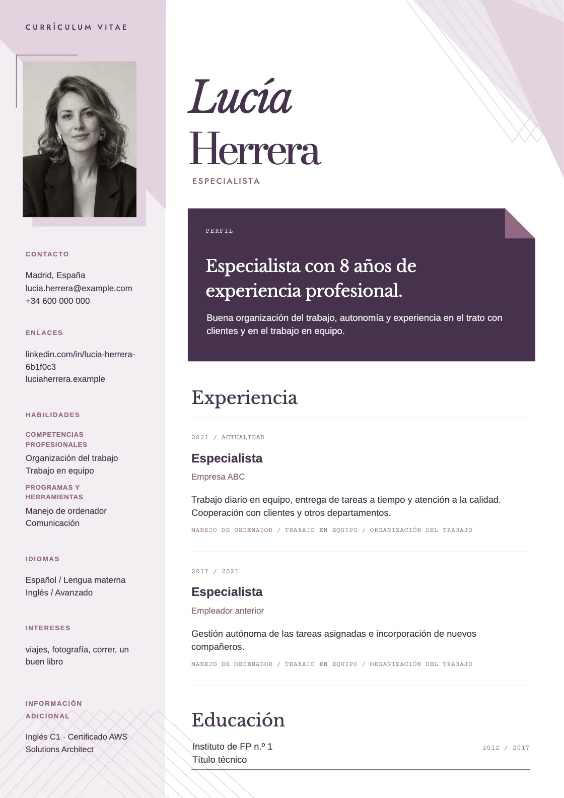 Plantilla de CV Spectrum, vista previa del documento terminado