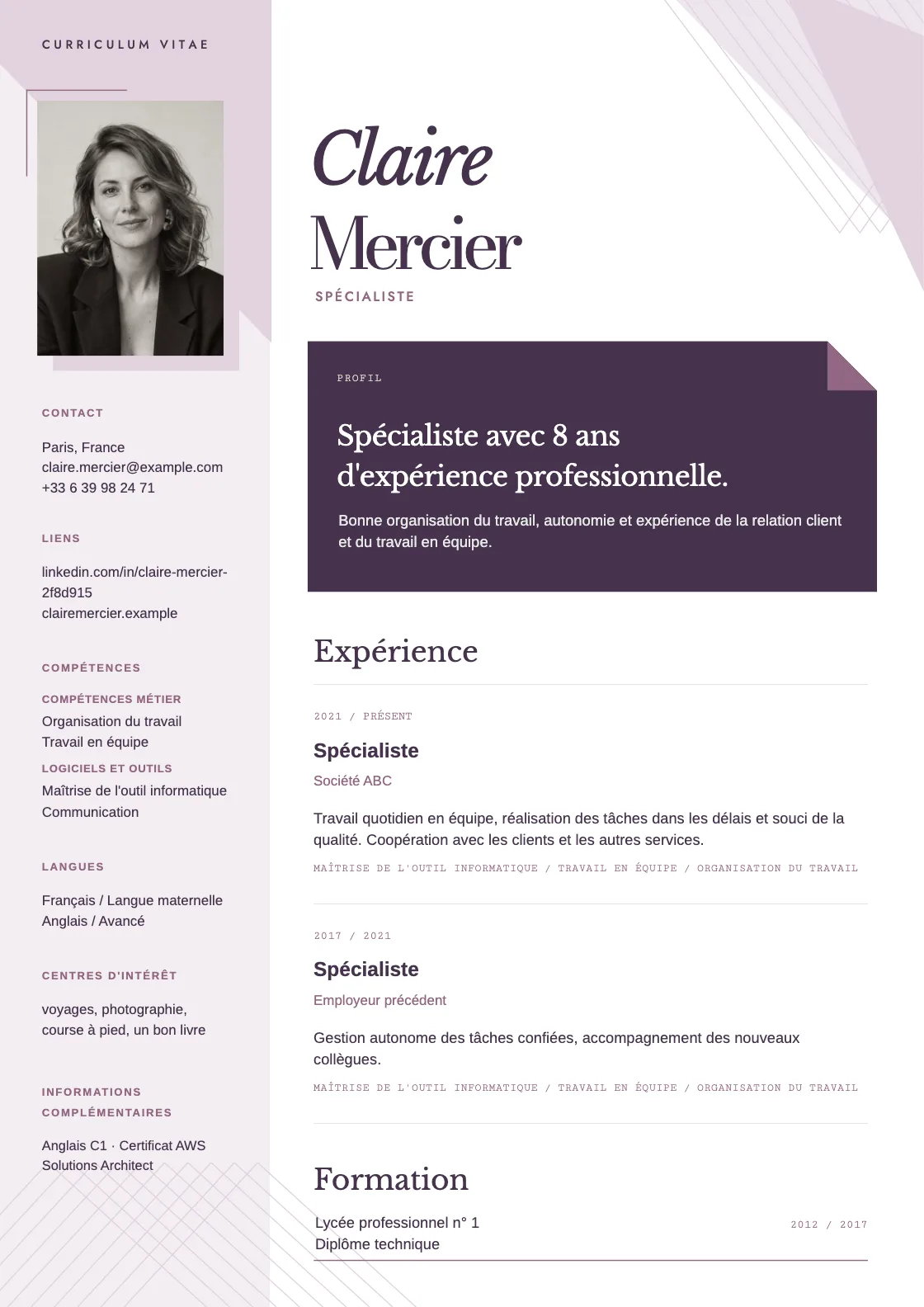 Modèle de CV Spectrum, aperçu du document fini