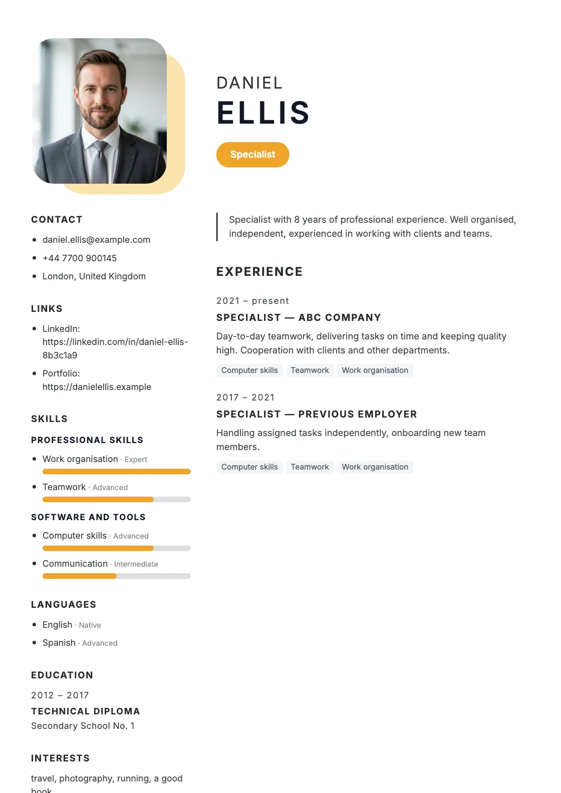 Sunny CV template, preview of the finished document