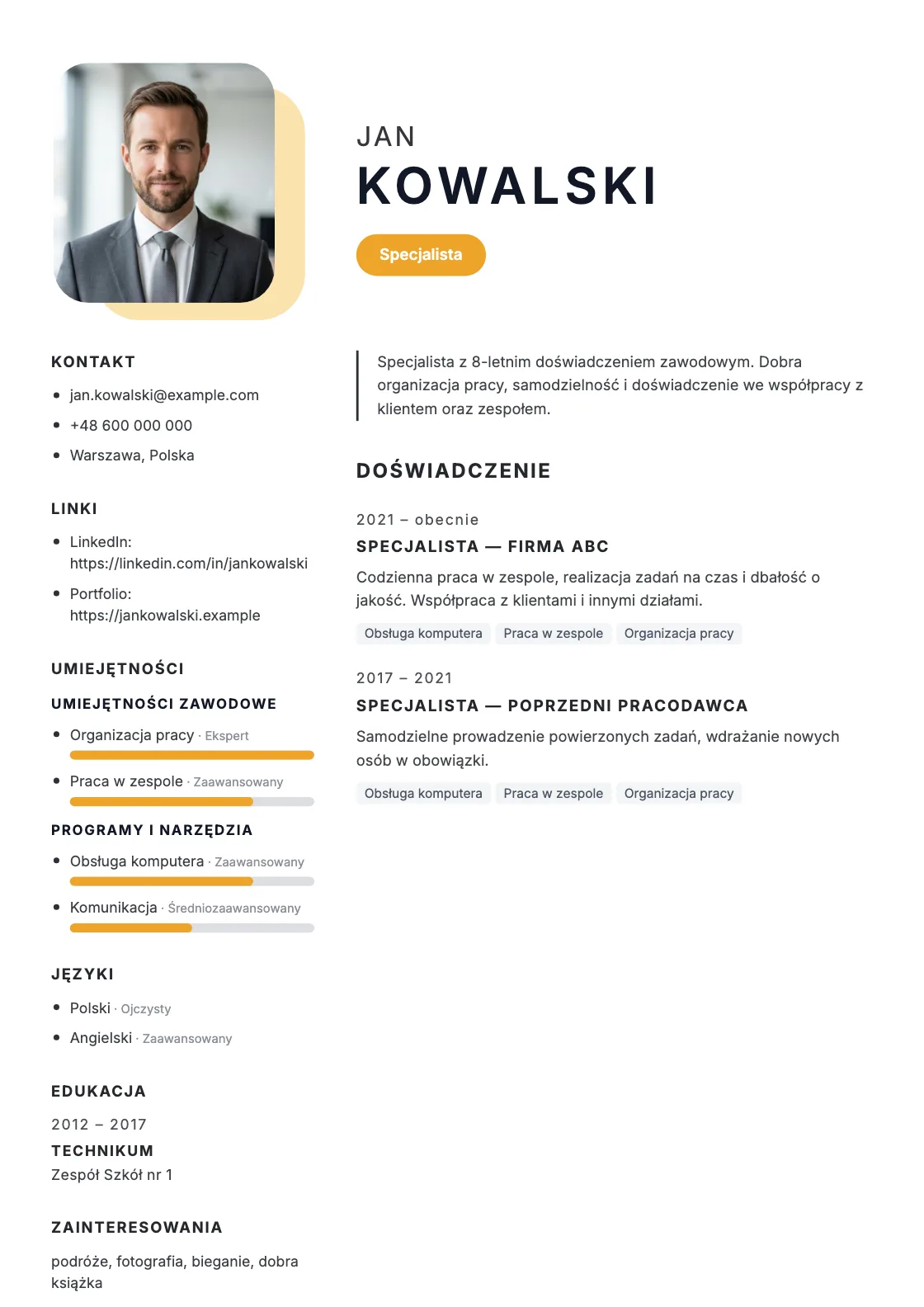 Wzór CV Sunny, podgląd gotowego dokumentu