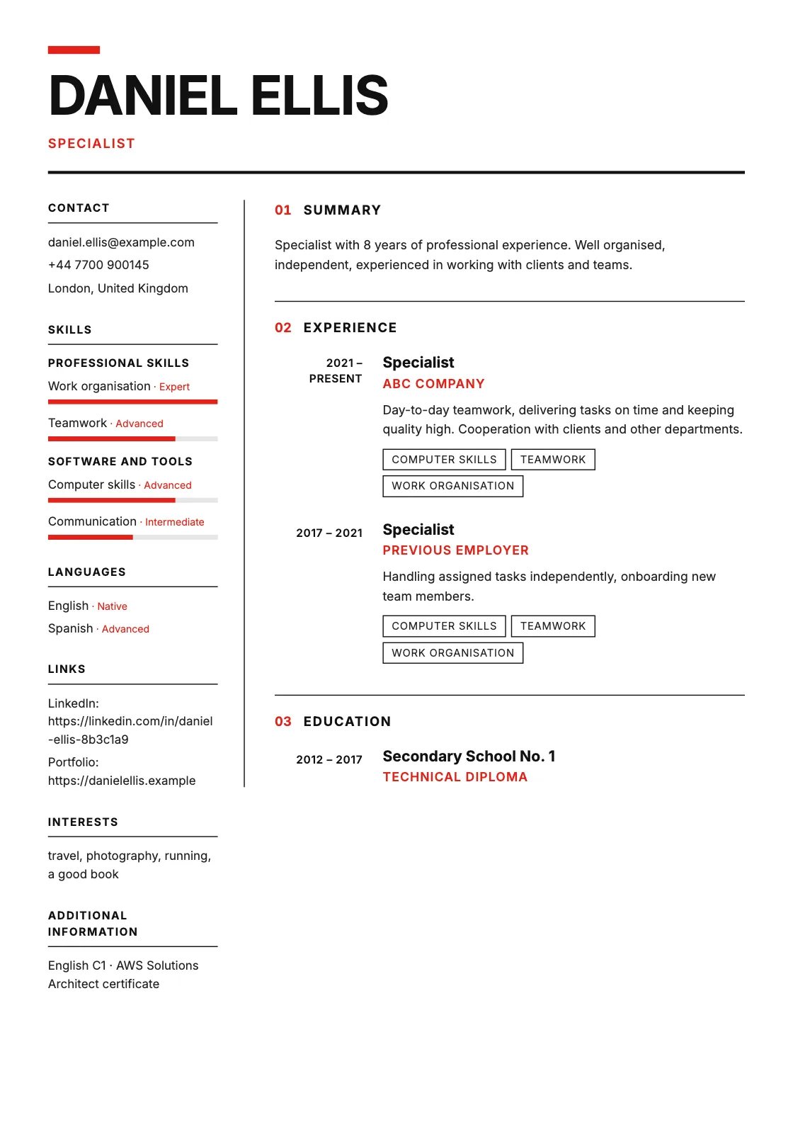 Swiss CV template, preview of the finished document