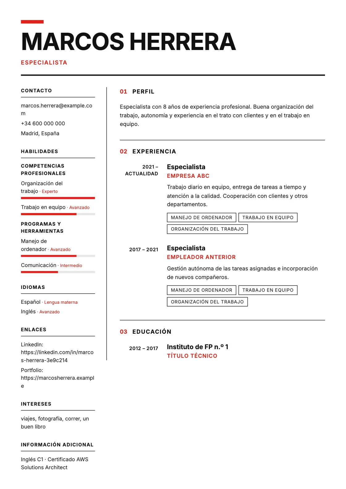 Plantilla de CV Swiss, vista previa del documento terminado