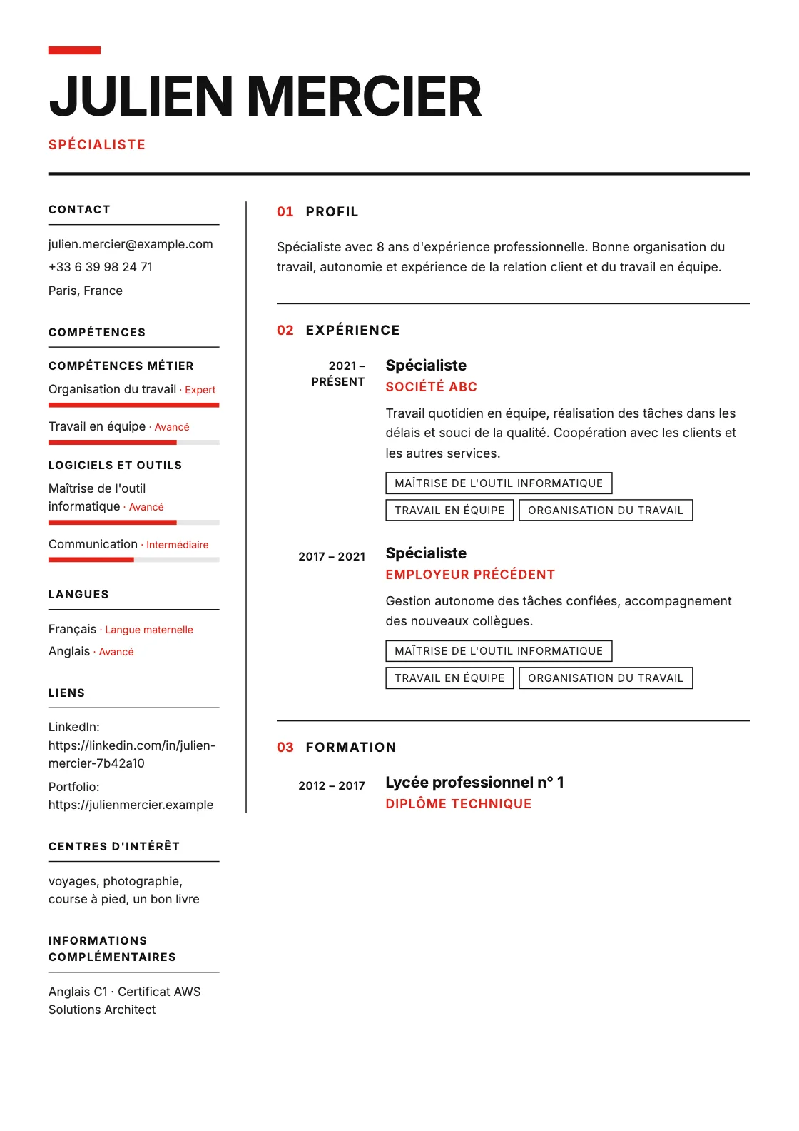 Modèle de CV Swiss, aperçu du document fini