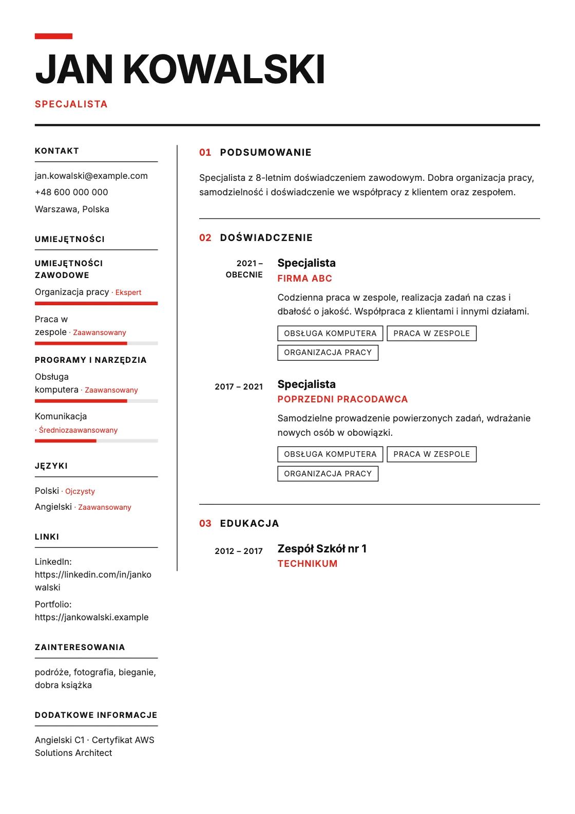 Wzór CV Swiss, podgląd gotowego dokumentu