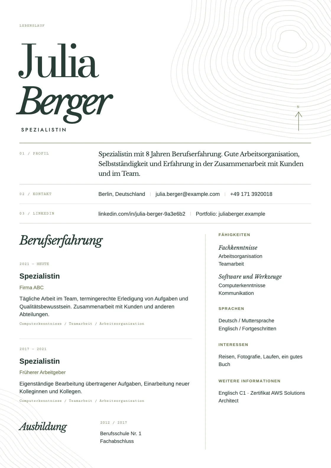 Lebenslauf Vorlage Terrain, Vorschau des fertigen Dokuments