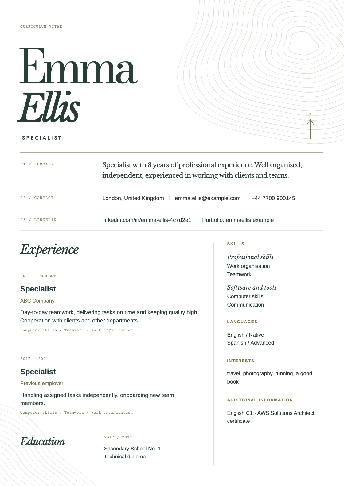 Terrain CV template, preview of the finished document