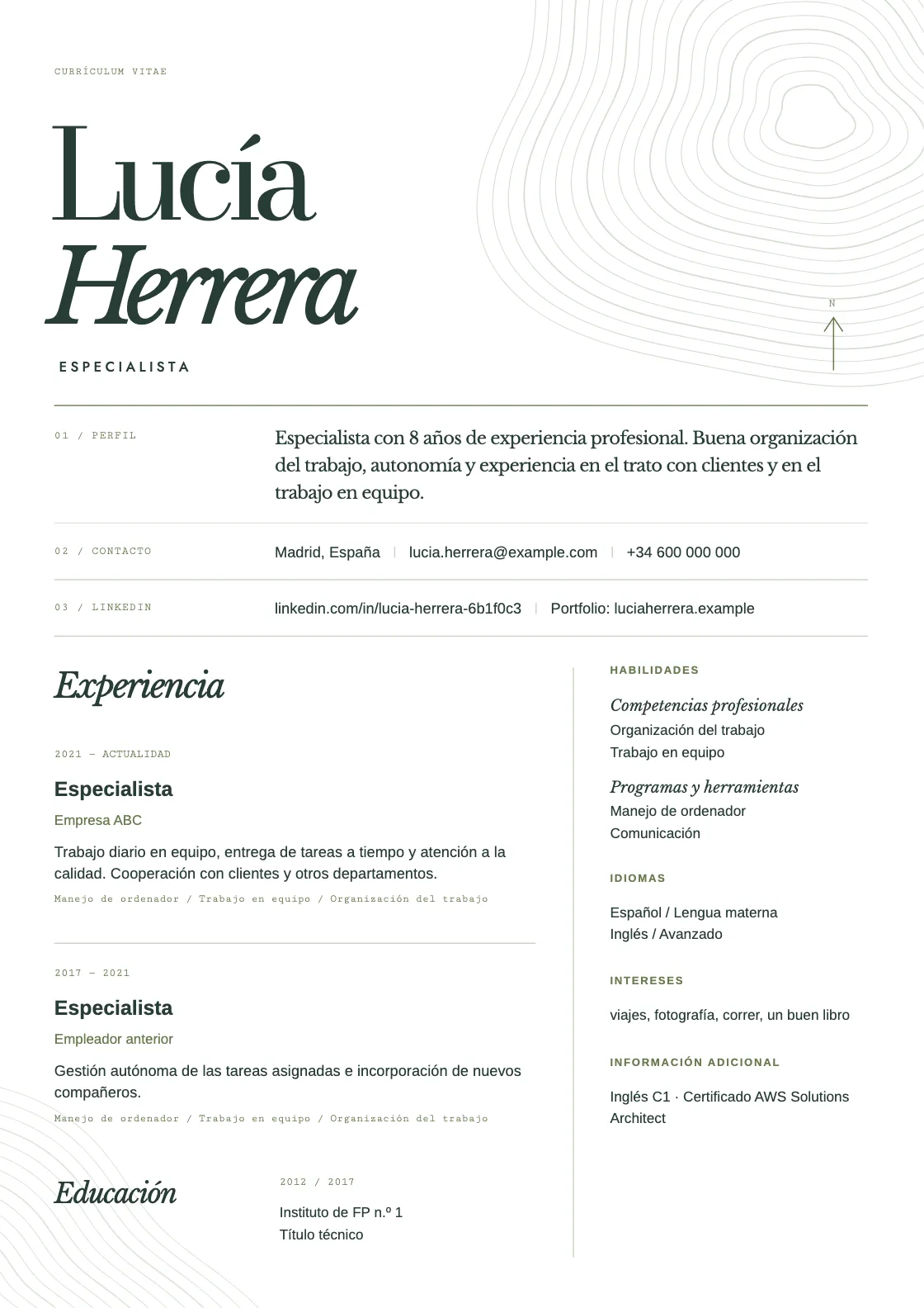 Plantilla de CV Terrain, vista previa del documento terminado
