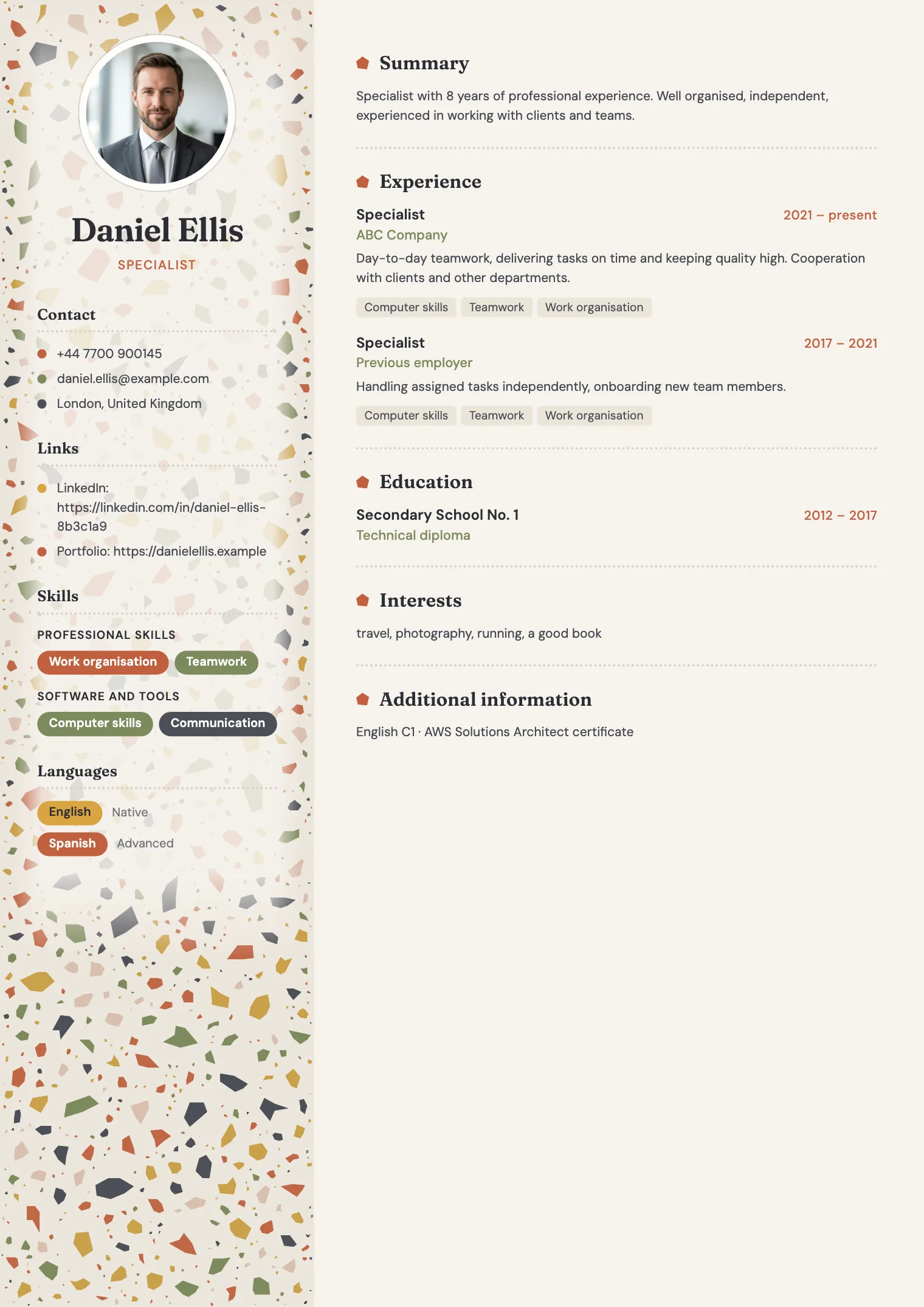 Terrazzo CV template, preview of the finished document