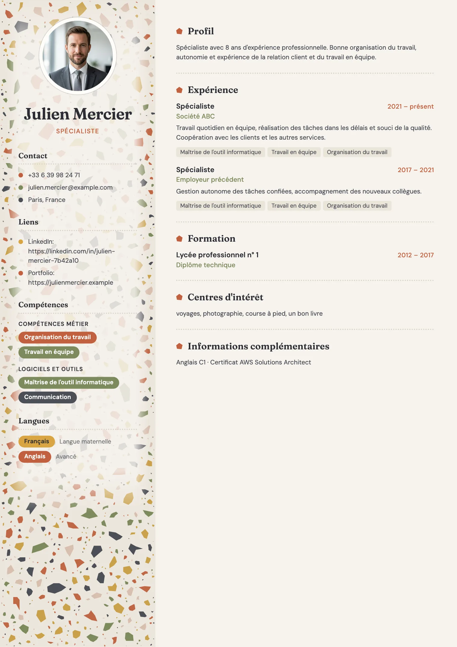 Modèle de CV Terrazzo, aperçu du document fini