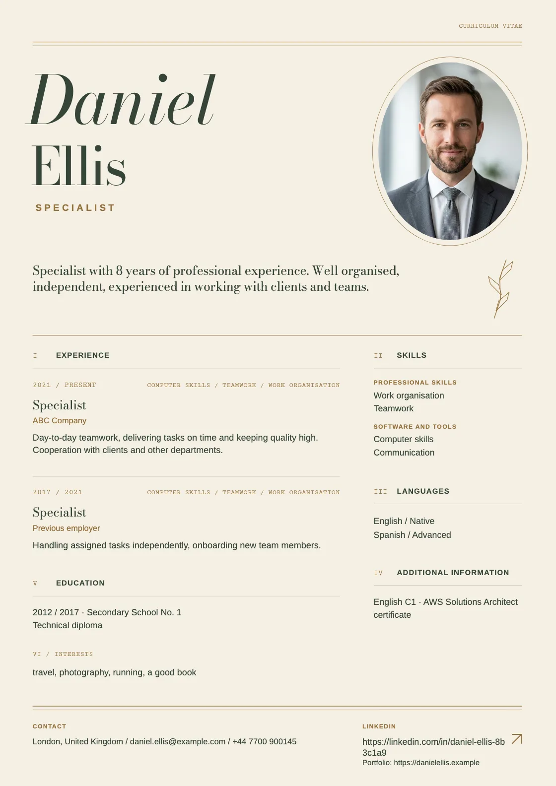 Terroir CV template, preview of the finished document